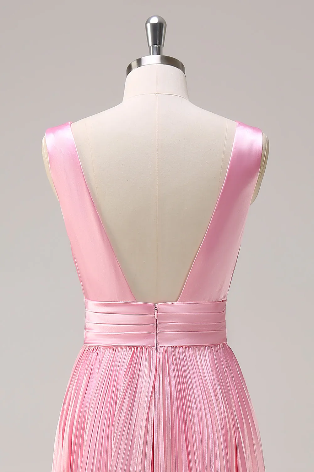 Pink A Line Pleated V Neck Bridesmaid Dress