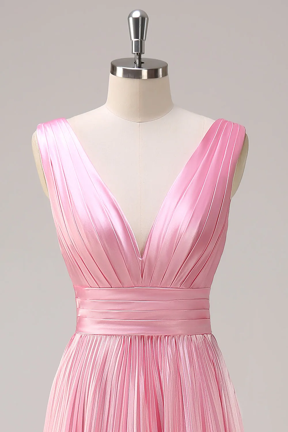 Pink A Line Pleated V Neck Bridesmaid Dress