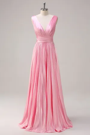 Pink A Line Pleated V Neck Bridesmaid Dress