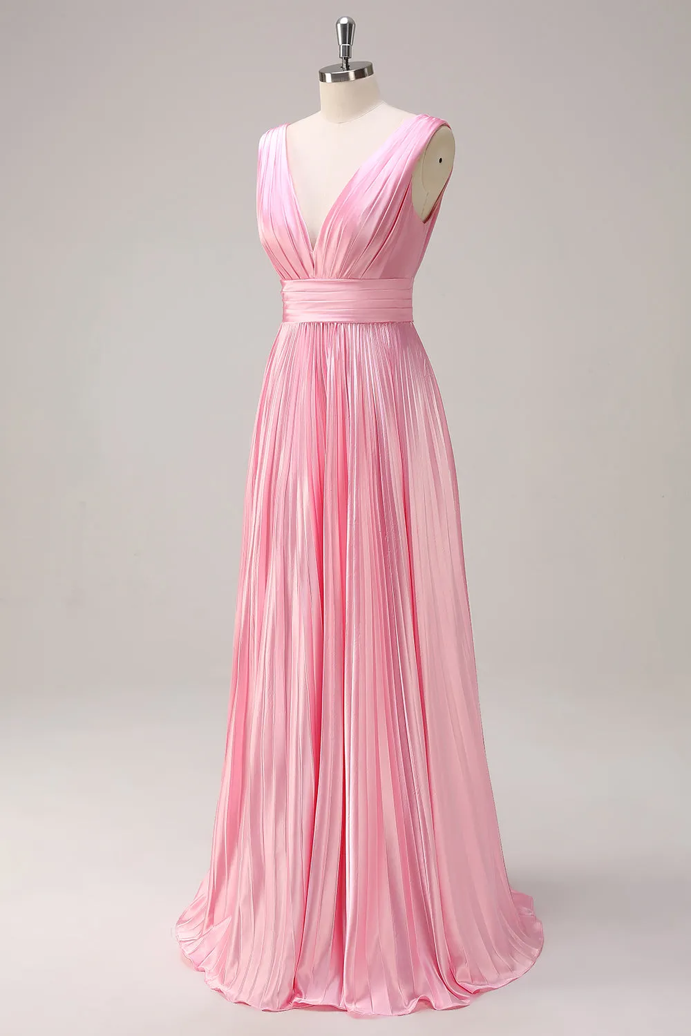 Pink A Line Pleated V Neck Bridesmaid Dress