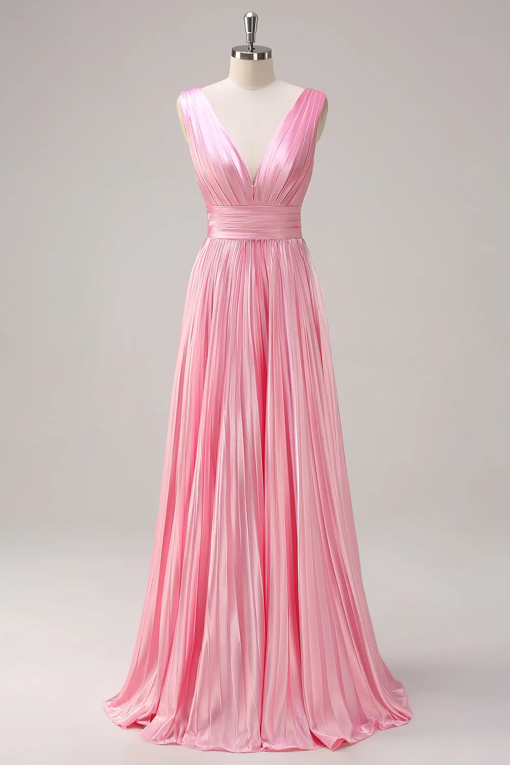 Pink A Line Pleated V Neck Bridesmaid Dress