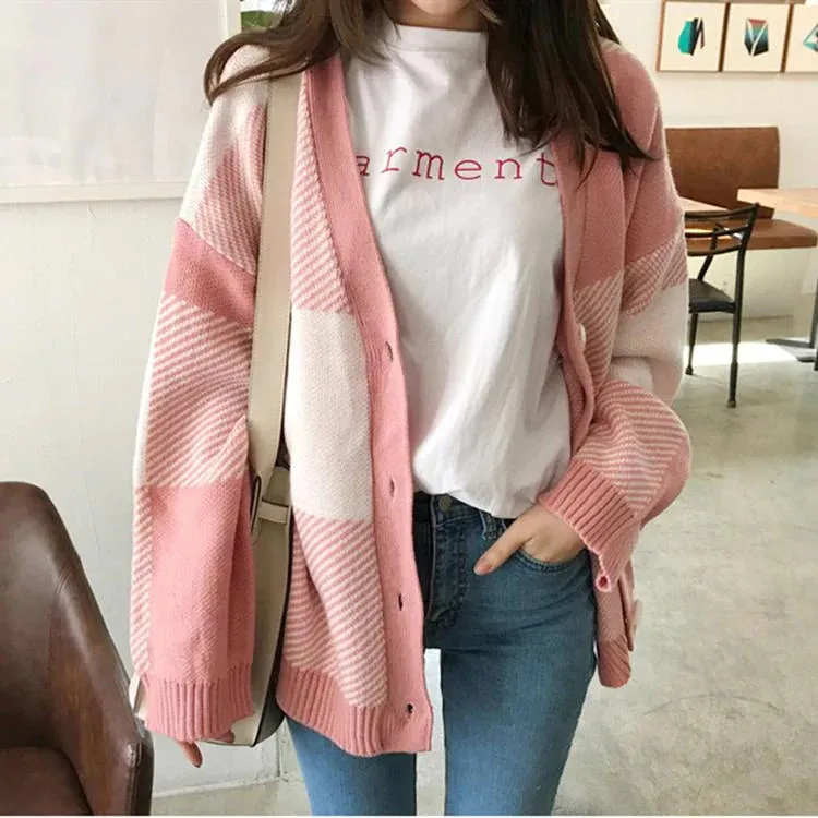 Pink Casual Plaid V-Neck Cardigan      S2797