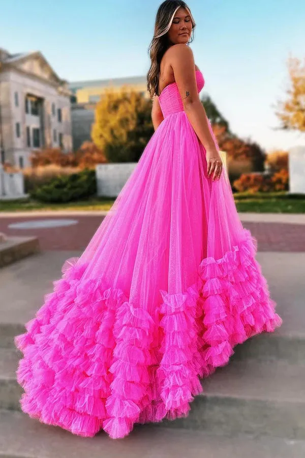 Pink Sweetheart Tulle Long Prom Dresses Princess Dresses PSK475