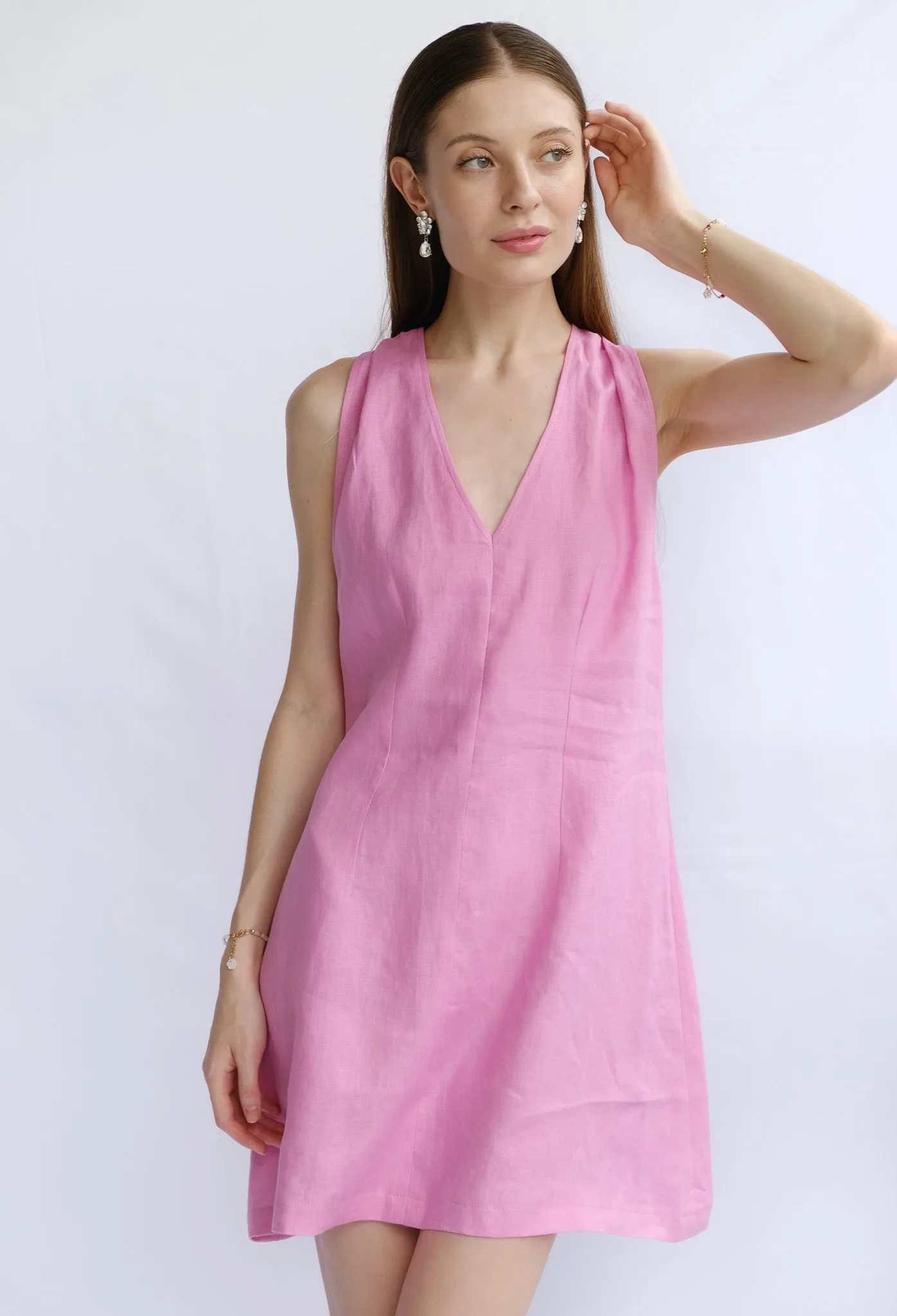 PTO 100% Linen V-Neck Mini Dress