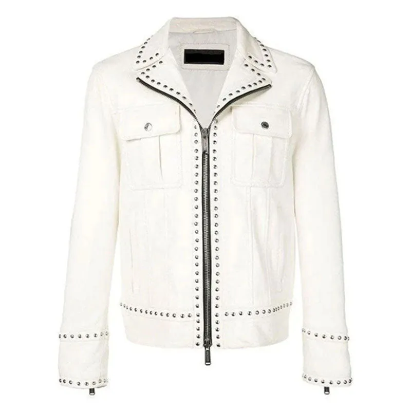 Purchase Punk Style Men White Studded Leather Jacket, Motorcycle Fashion Leather Jackets