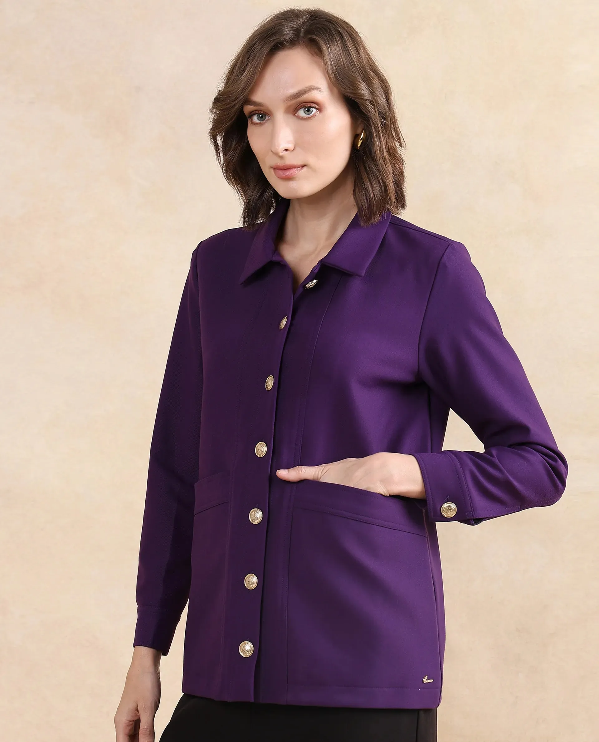 Rareism Women Yeppon Purple Cuffed Sleeve Collared Neck Button Closure Boxy Fit Hip Length Plain Jacket