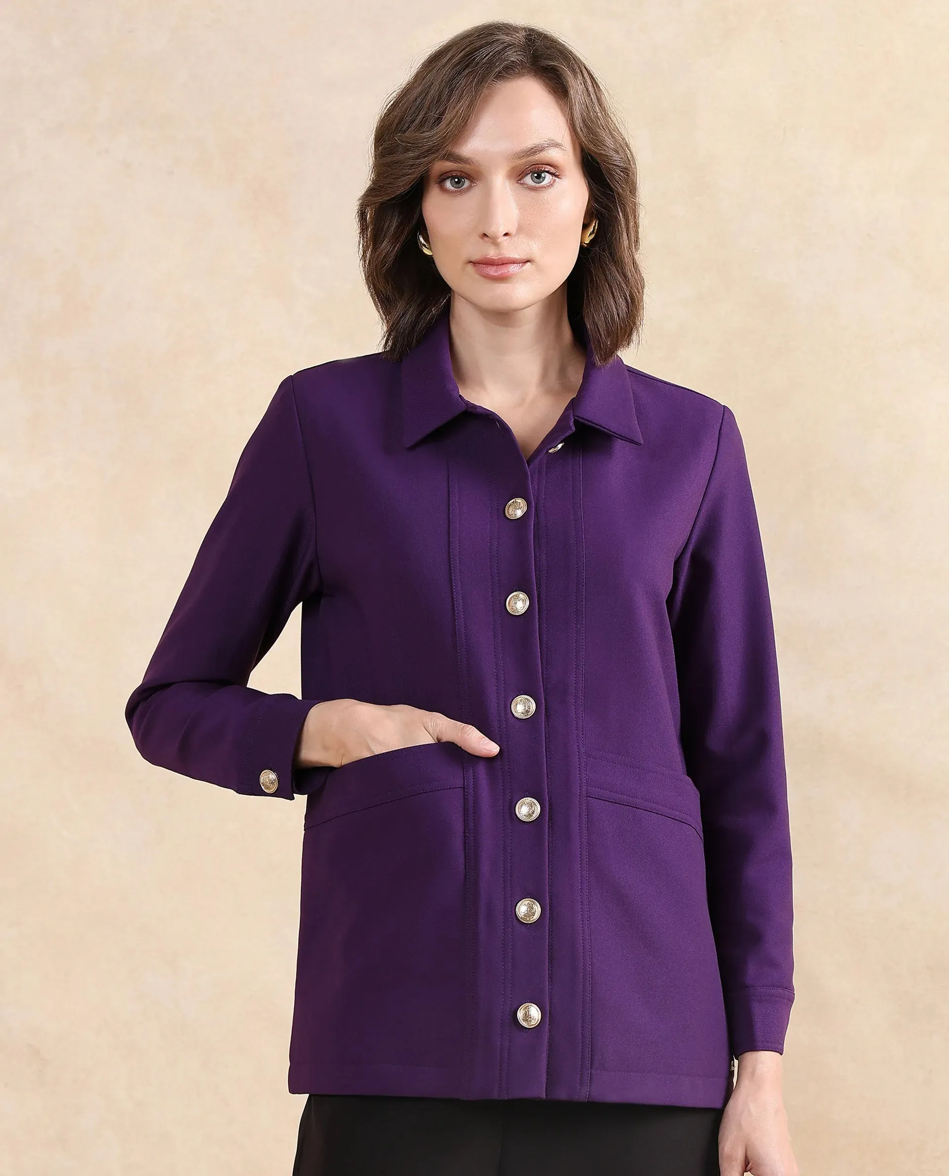 Rareism Women Yeppon Purple Cuffed Sleeve Collared Neck Button Closure Boxy Fit Hip Length Plain Jacket