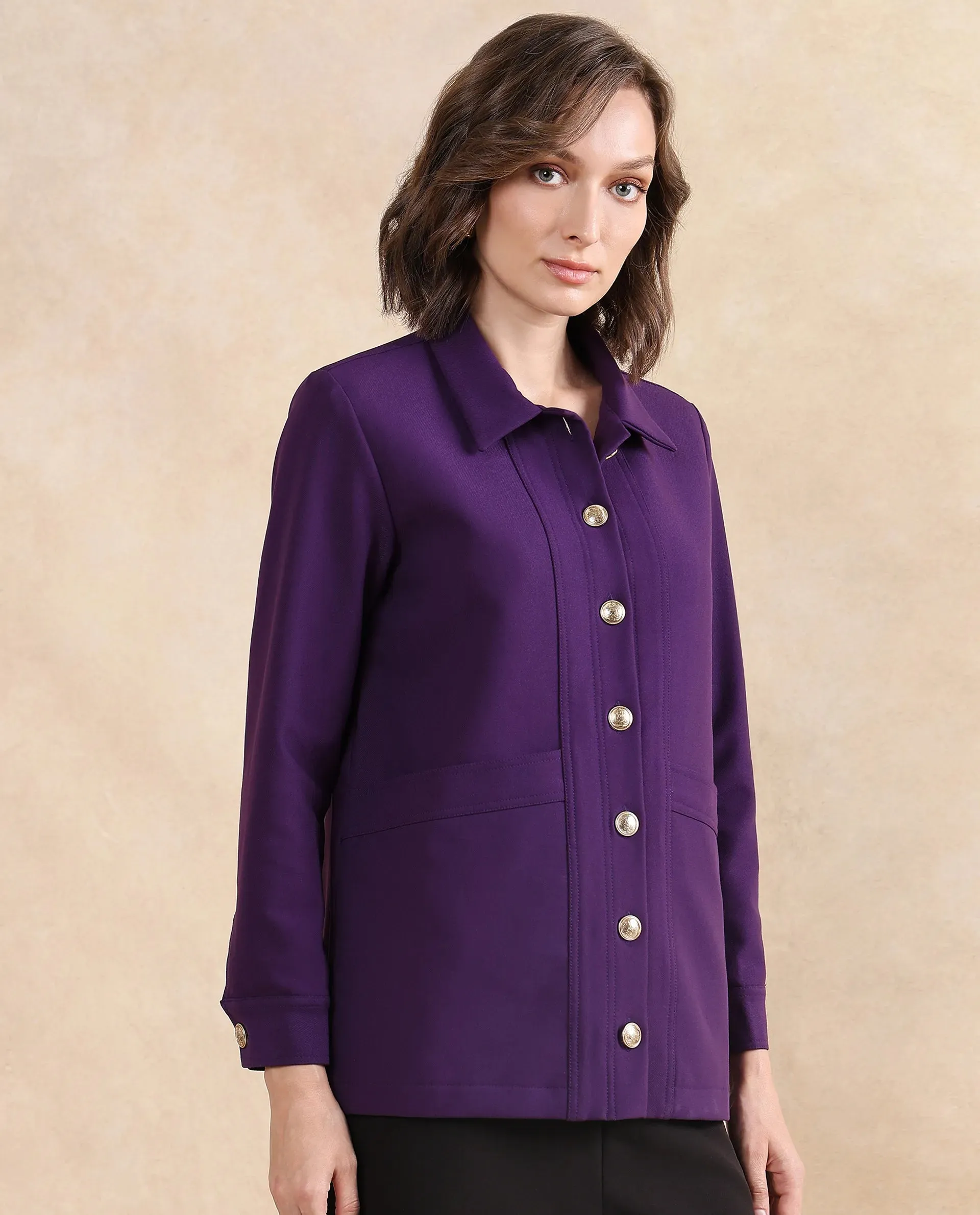 Rareism Women Yeppon Purple Cuffed Sleeve Collared Neck Button Closure Boxy Fit Hip Length Plain Jacket