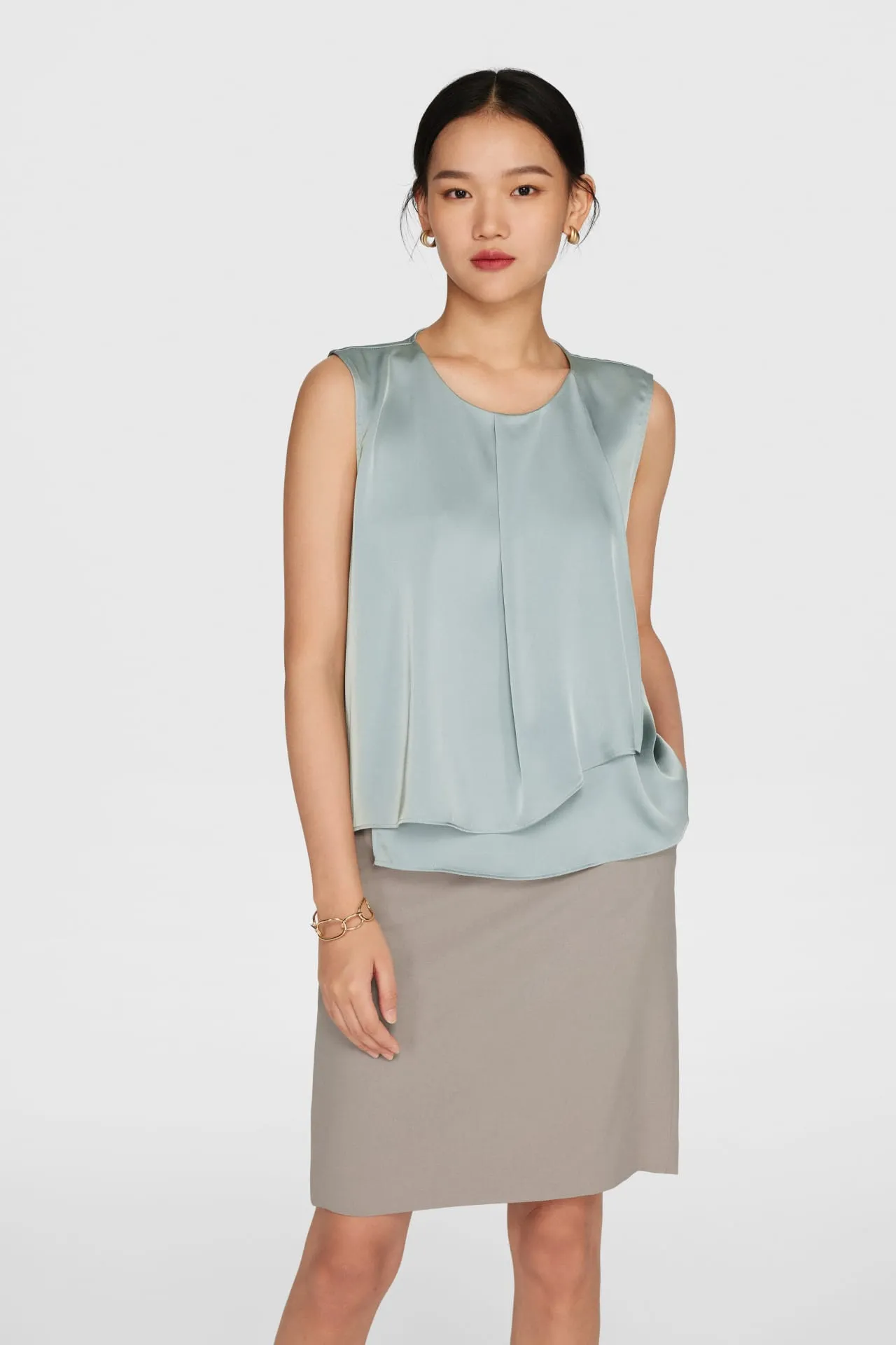 Rhonda Soft Touch Satin Round Neck Waterfall Front Blouse