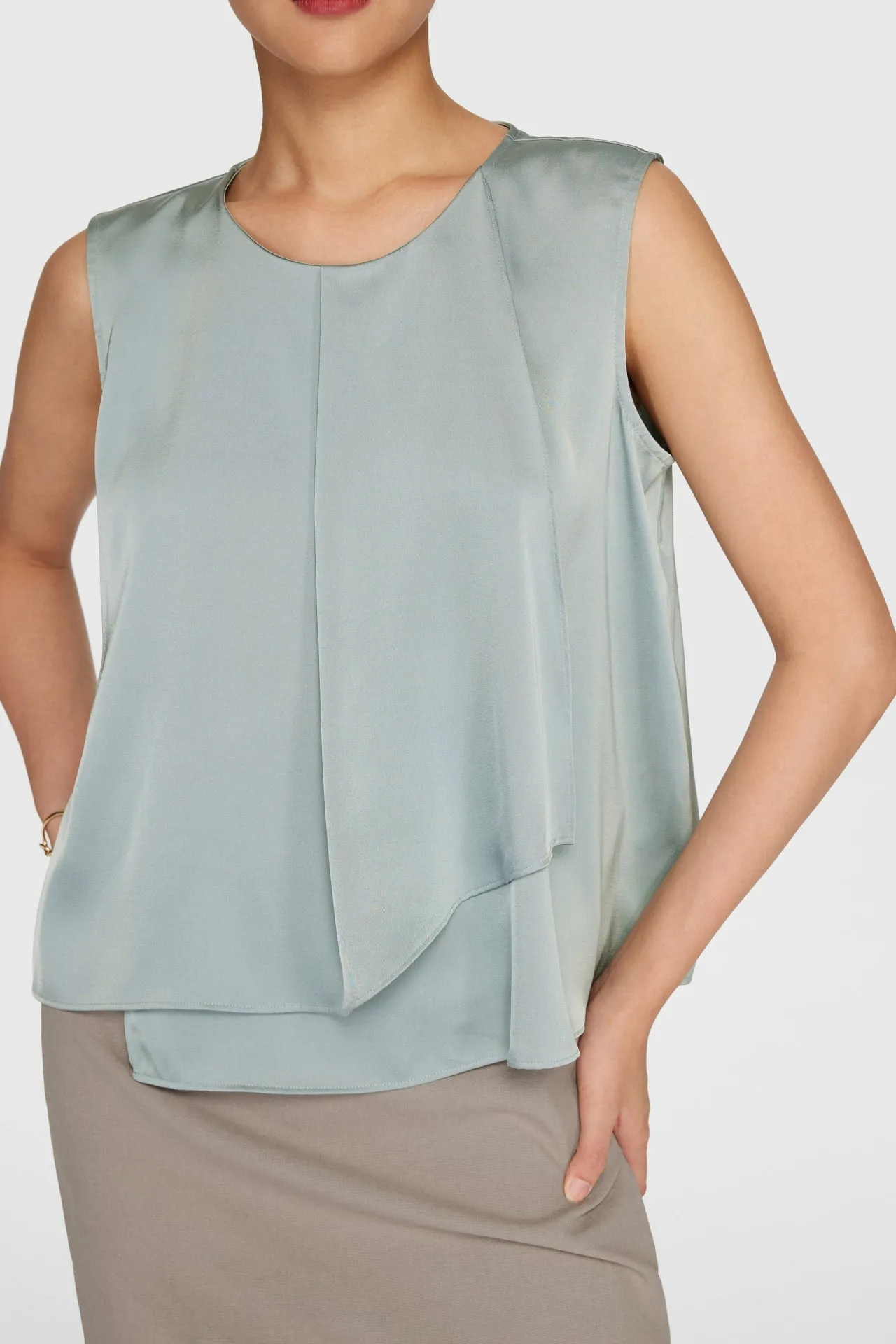 Rhonda Soft Touch Satin Round Neck Waterfall Front Blouse