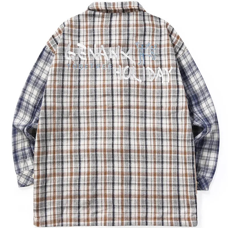 Safari Style Fake Two Piece Color Block Embroidery Plaid Shirt