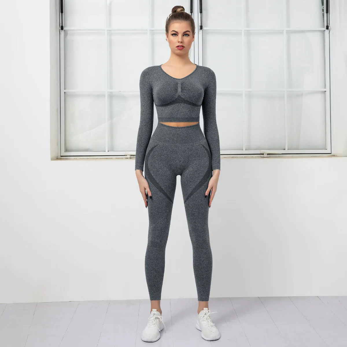 Seamless Knitted Chest-Closing Hip-Lifting Yoga Suit Women's Sports Running Workout Long Sleeve Cropped Pants Two-Piece Suit