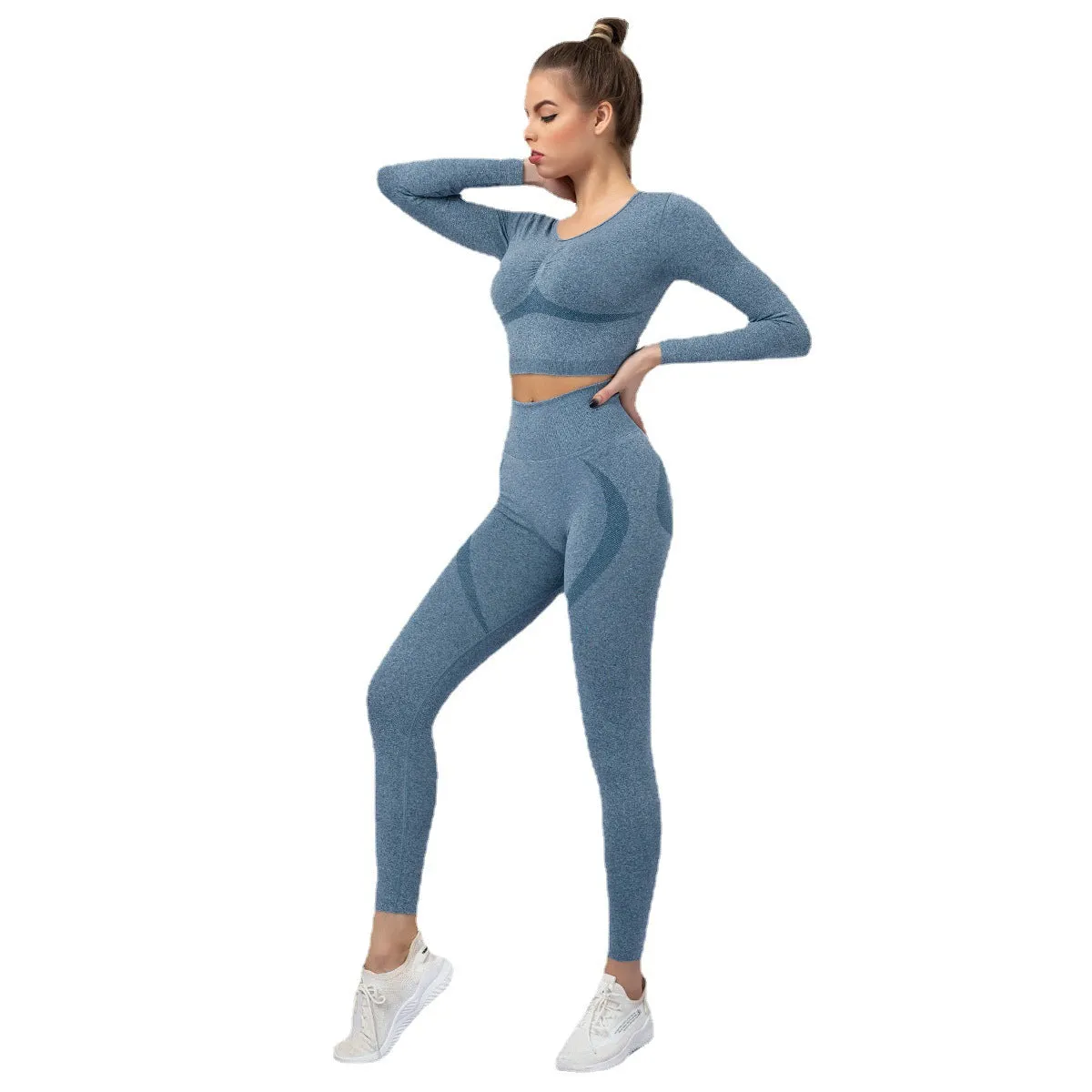 Seamless Knitted Chest-Closing Hip-Lifting Yoga Suit Women's Sports Running Workout Long Sleeve Cropped Pants Two-Piece Suit