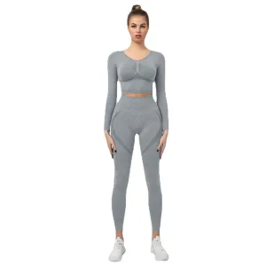 Seamless Knitted Chest-Closing Hip-Lifting Yoga Suit Women's Sports Running Workout Long Sleeve Cropped Pants Two-Piece Suit