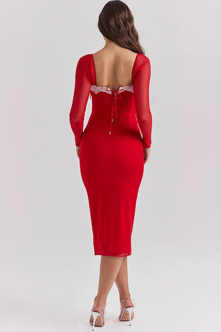 Sexy Lace Sweetheart Long Sleeve Lace Up Bodycon Cocktail Midi Dress - Red