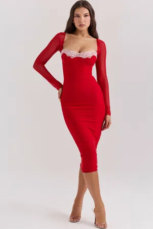 Sexy Lace Sweetheart Long Sleeve Lace Up Bodycon Cocktail Midi Dress - Red