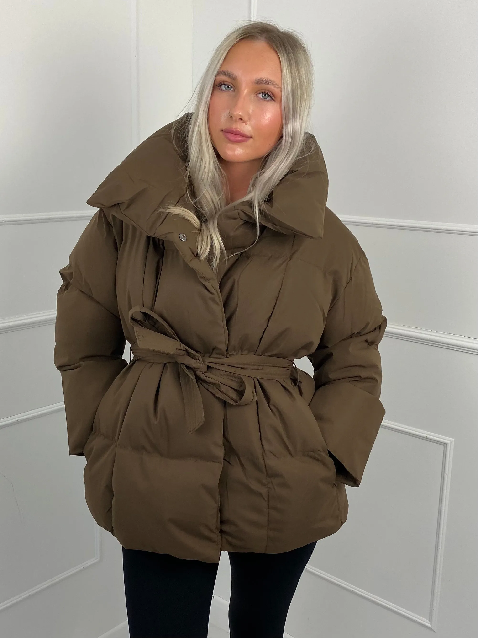 Short Belted Puffer Jacket- Brown