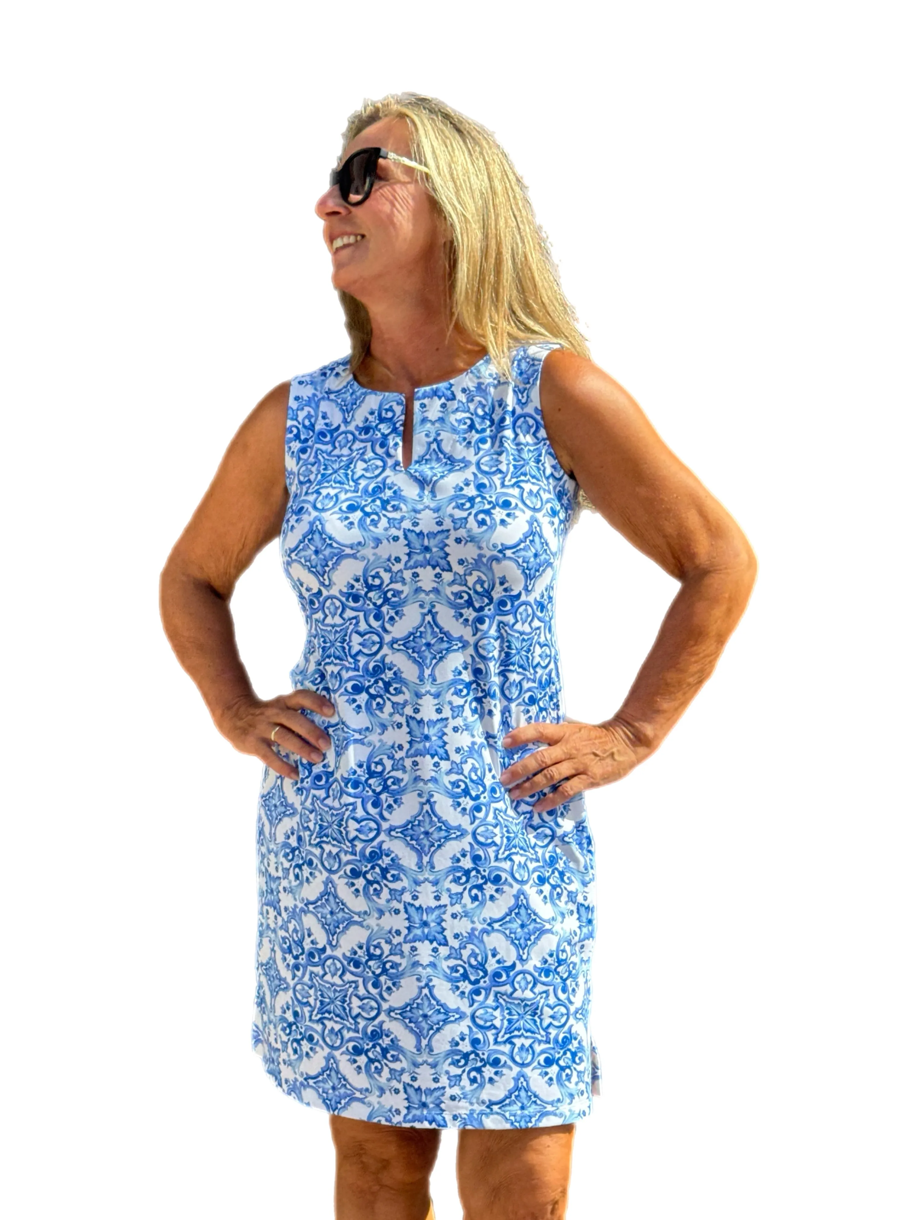 Sleeveless Shift Dress with UPF50  Blue Tile