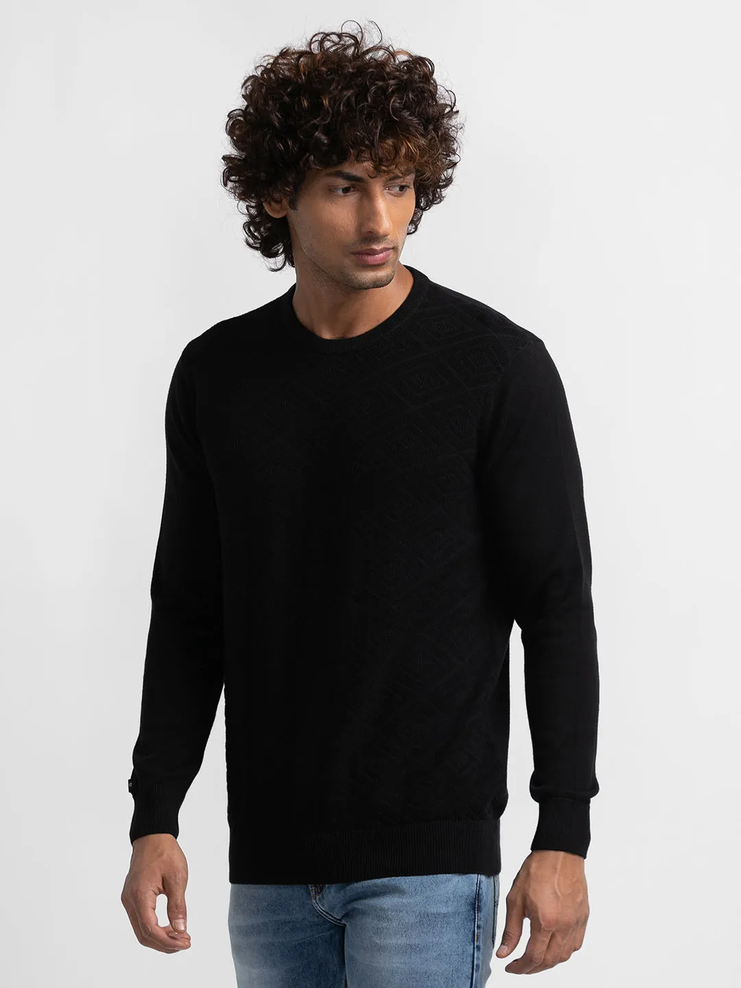 Spykar Black Cotton Full Sleeve Casual Sweater For Men