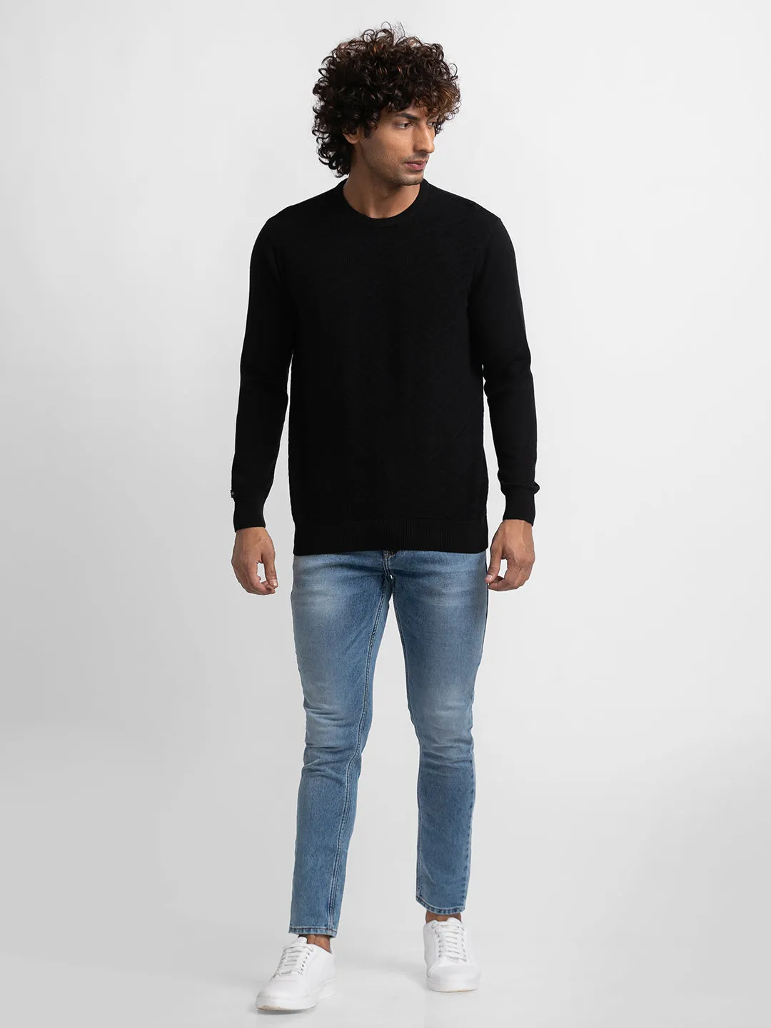 Spykar Black Cotton Full Sleeve Casual Sweater For Men