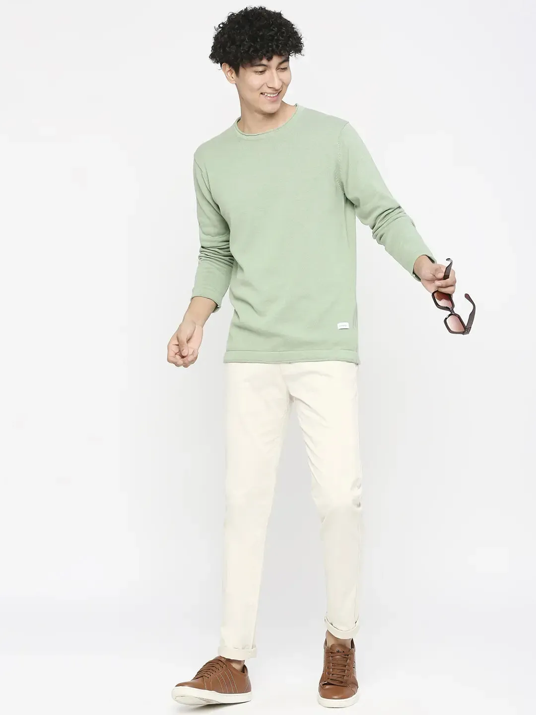 Spykar Pista Green Cotton Full Sleeve Casual Sweater For Men