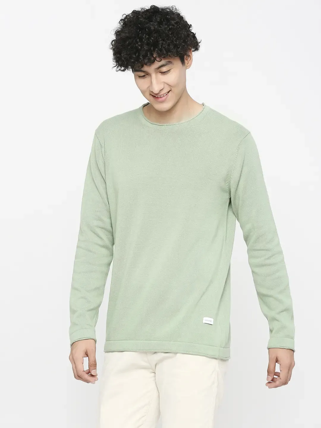 Spykar Pista Green Cotton Full Sleeve Casual Sweater For Men