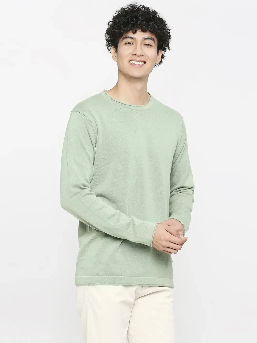 Spykar Pista Green Cotton Full Sleeve Casual Sweater For Men