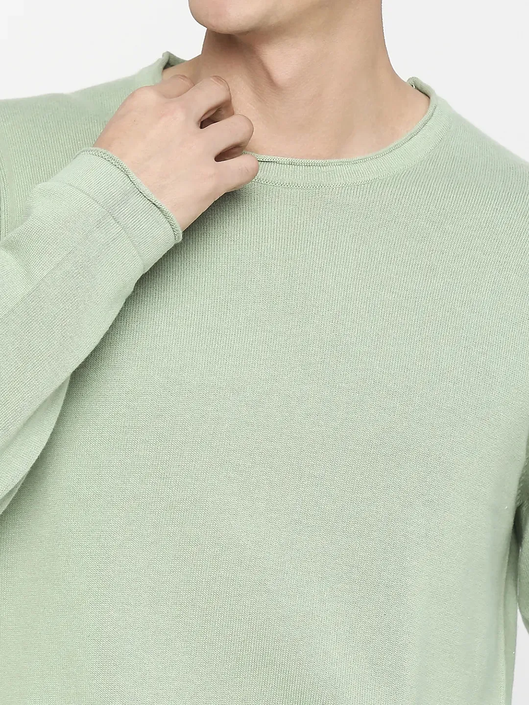 Spykar Pista Green Cotton Full Sleeve Casual Sweater For Men