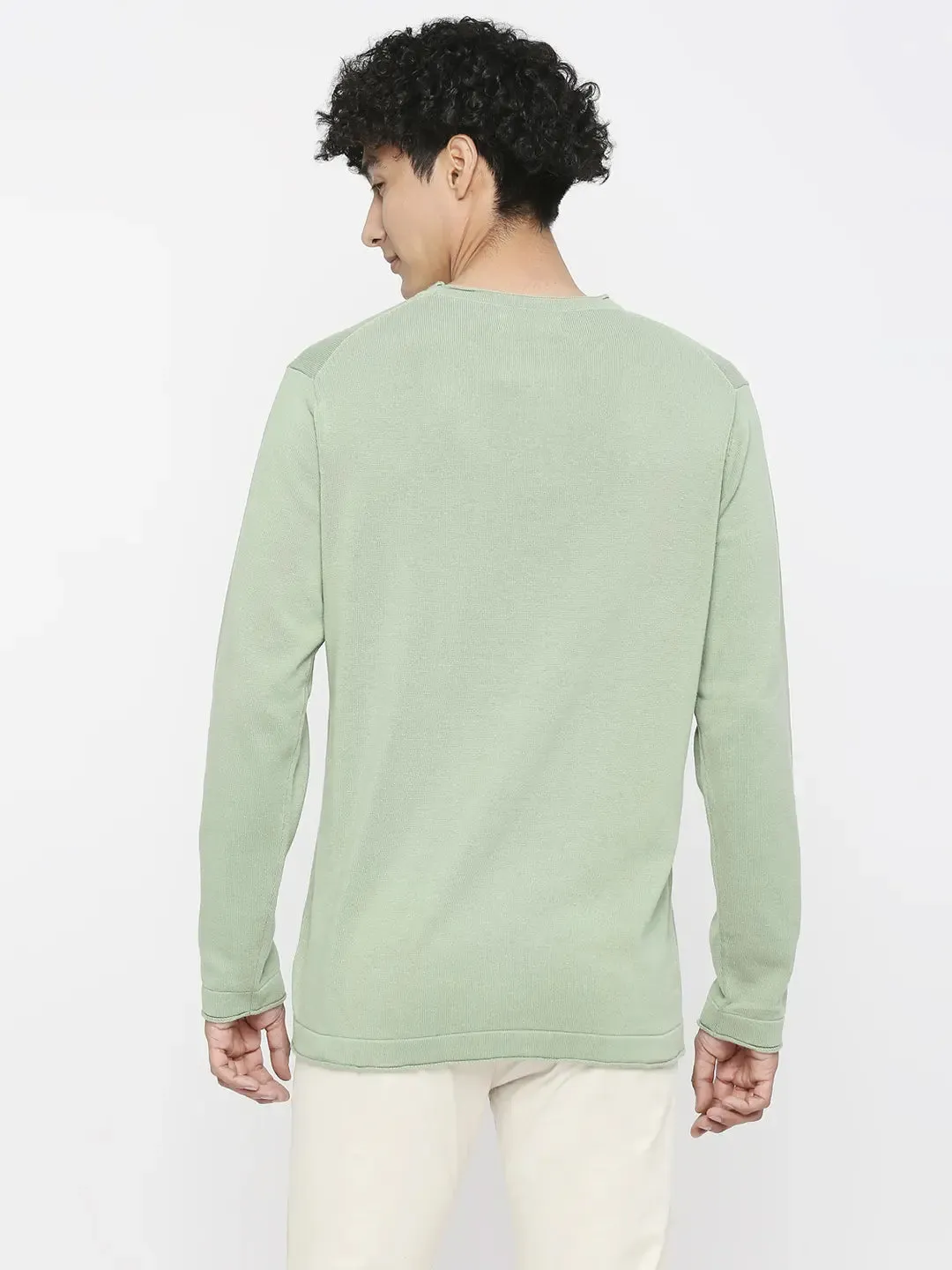 Spykar Pista Green Cotton Full Sleeve Casual Sweater For Men