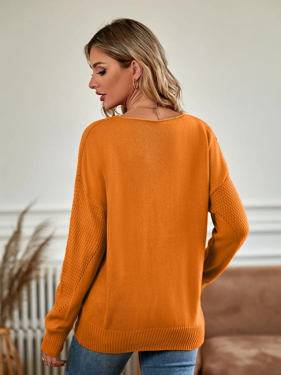 V-Neck Long Sleeve Ribbed Trim Sweater