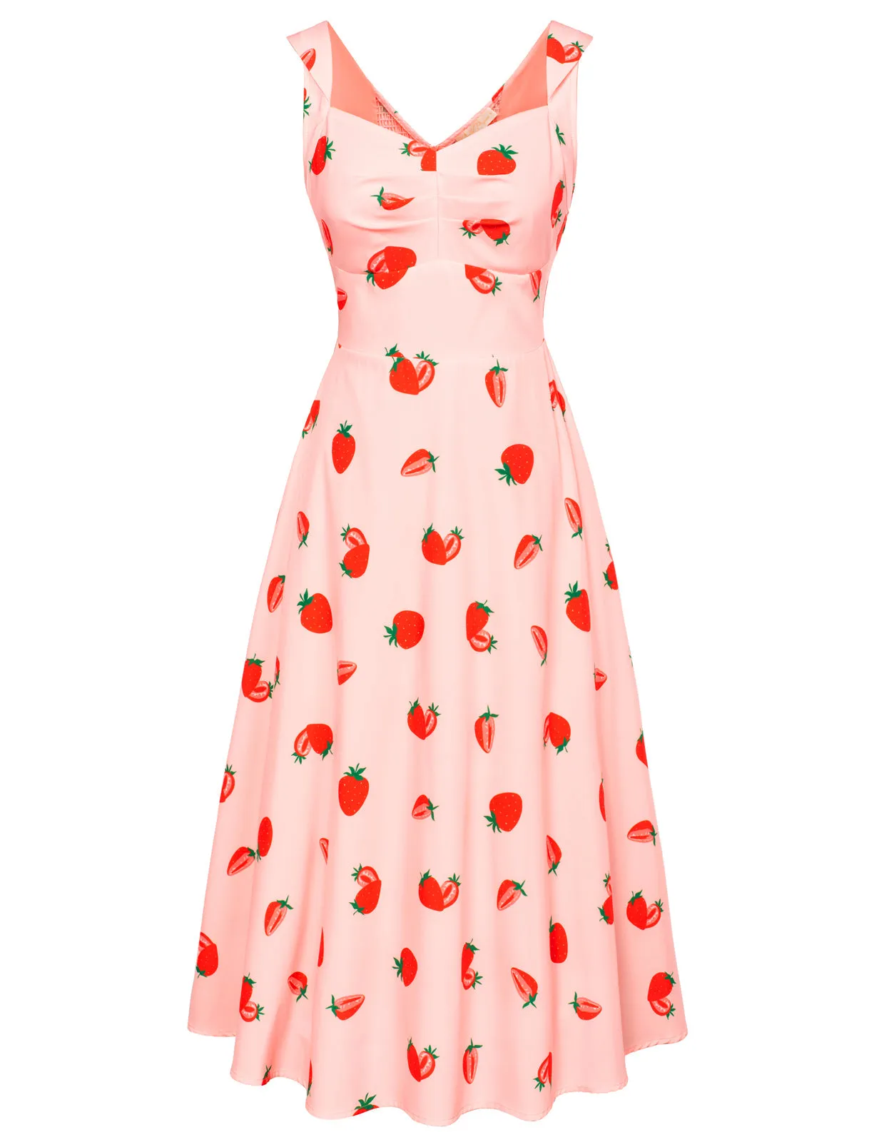 Vintage Strawberry Patterns 1950s Cocktail Swing Dresses Summer Square Neck Sleeveless A-Line Midi Dress with Pockets