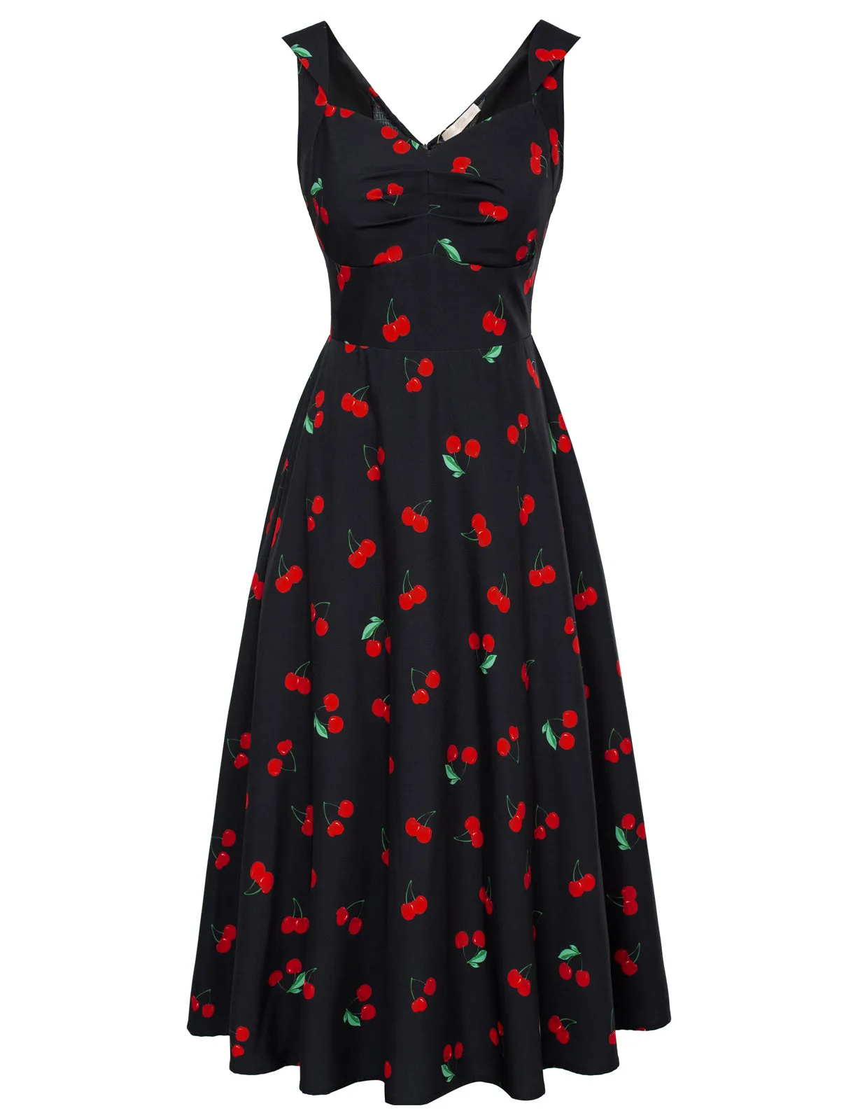 Vintage Strawberry Patterns 1950s Cocktail Swing Dresses Summer Square Neck Sleeveless A-Line Midi Dress with Pockets