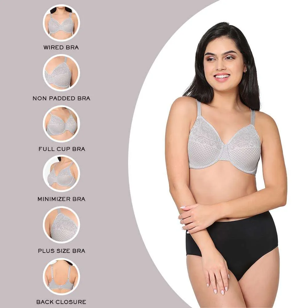 Visual Effects Non Padded Wired Full Cup Everyday Wear Plus Size Full Support Minimizer Bra - Light Grey