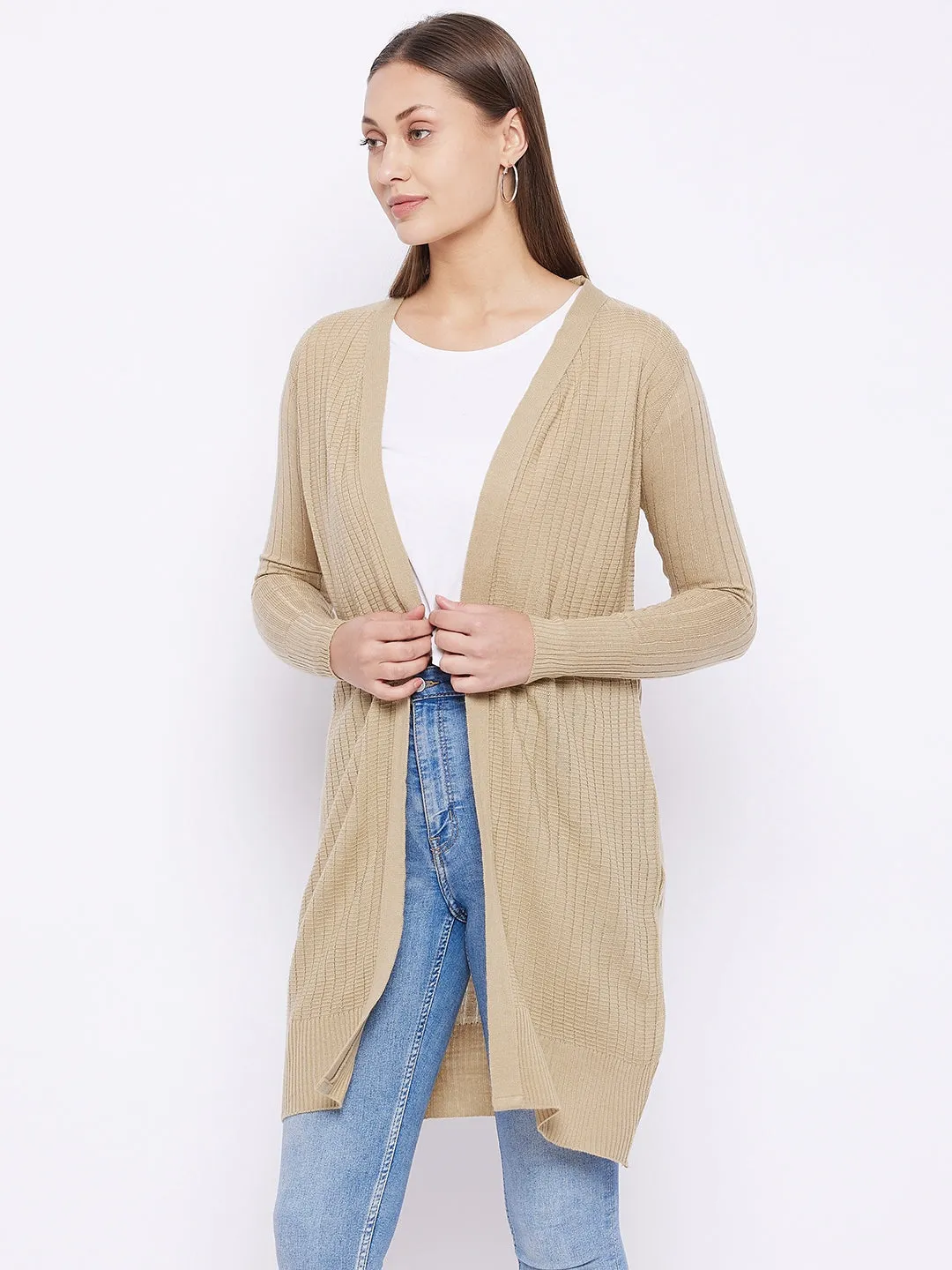 Women Beige Acrylic Ribbed Sweaters Shrug