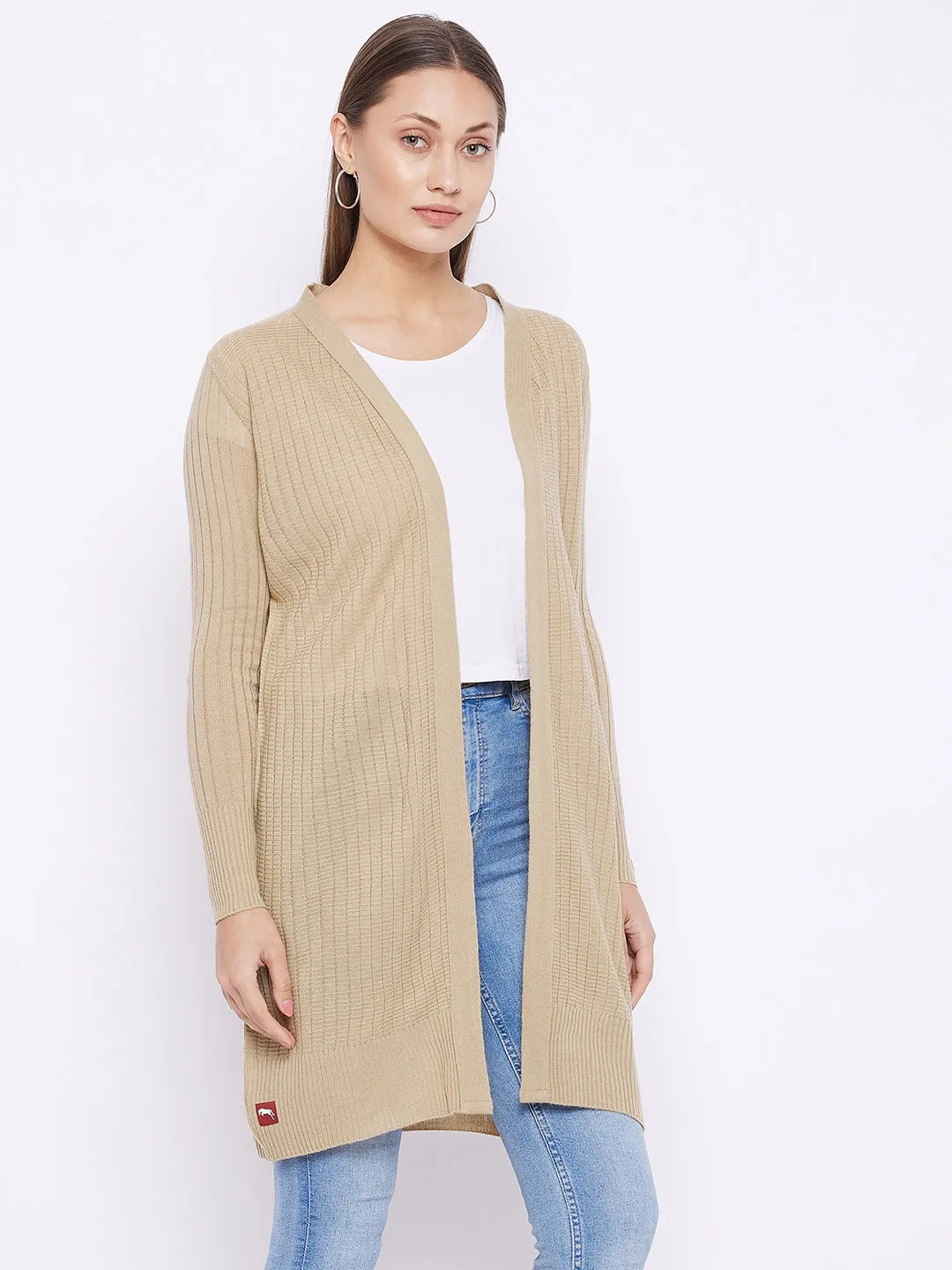 Women Beige Acrylic Ribbed Sweaters Shrug