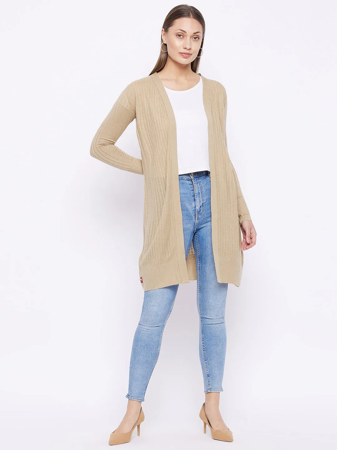 Women Beige Acrylic Ribbed Sweaters Shrug