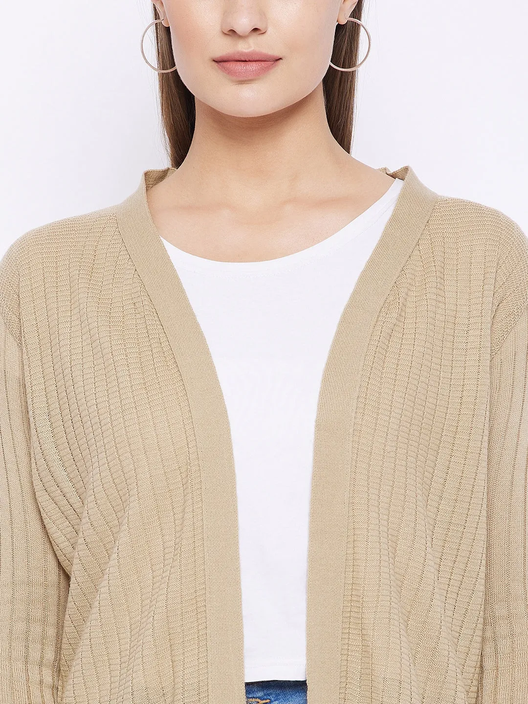 Women Beige Acrylic Ribbed Sweaters Shrug