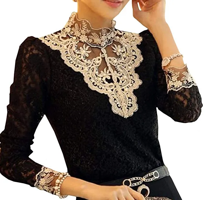 Women's Floral Lace Blouse Overlay Turtleneck Sheer Long Sleeve Party Tops