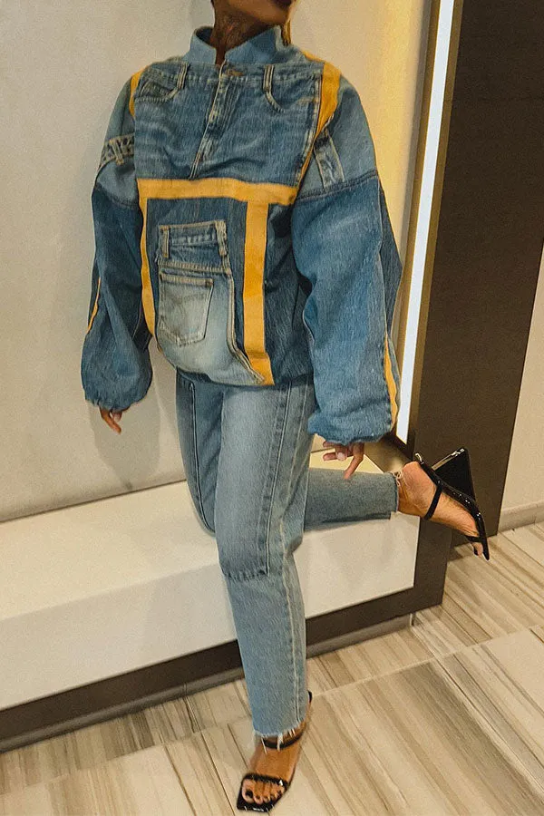 xiangtuibao Color Block Patchwork Oversized Washed Denim Coat