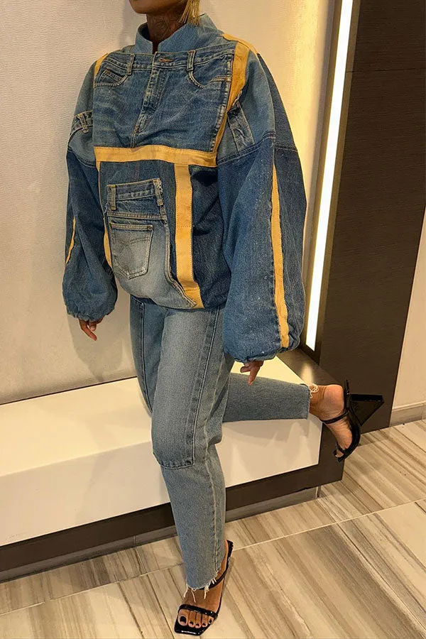 xiangtuibao Color Block Patchwork Oversized Washed Denim Coat