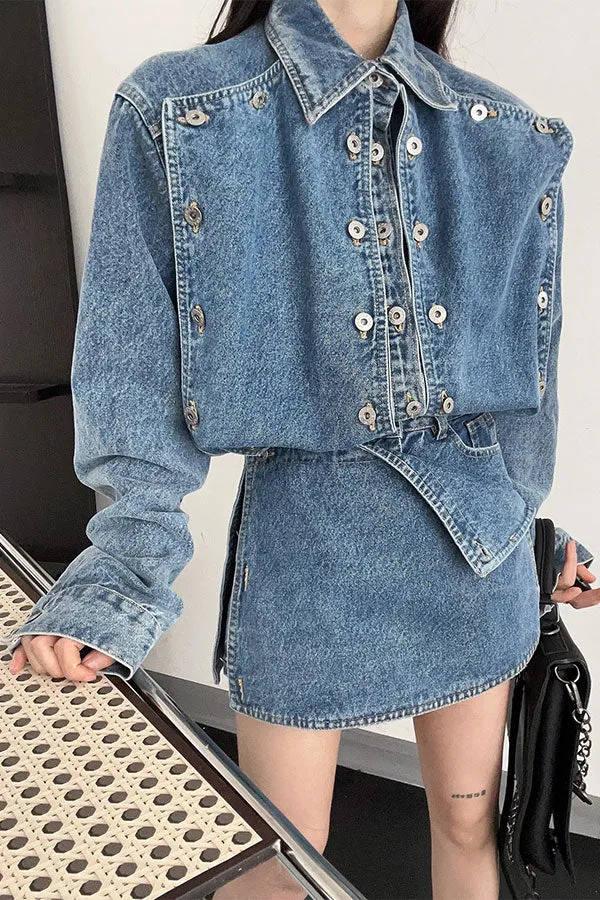 xiangtuibao Solid Color Button Design On-trend Denim Coat & Skirt