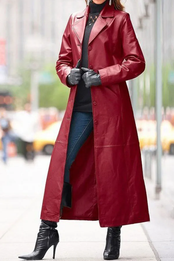 xiangtuibao Solid Color Single Breasted On-trend PU Trench Coat